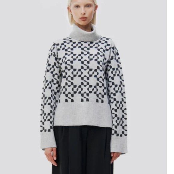 Jonathan Simkhai Charlenne Sweater Grey Charcoal Multi Print Medium Wool Cashmer - Picture 1 of 7